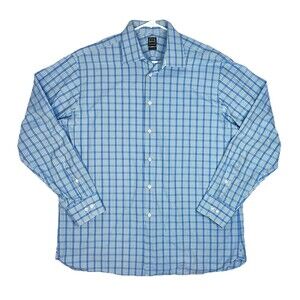 Ike Behar Dress Shirt Mens 16.5 34/35 Blue Plaid Long Sleeve 120s Two Ply READ